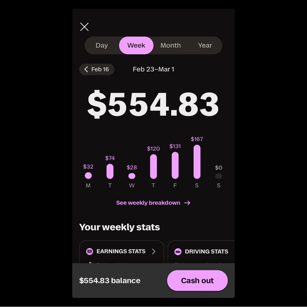 Earnings and Driving Stats Display